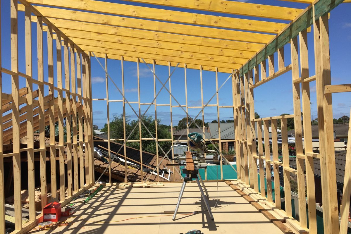 Timber frame for an extension standing on a new floor