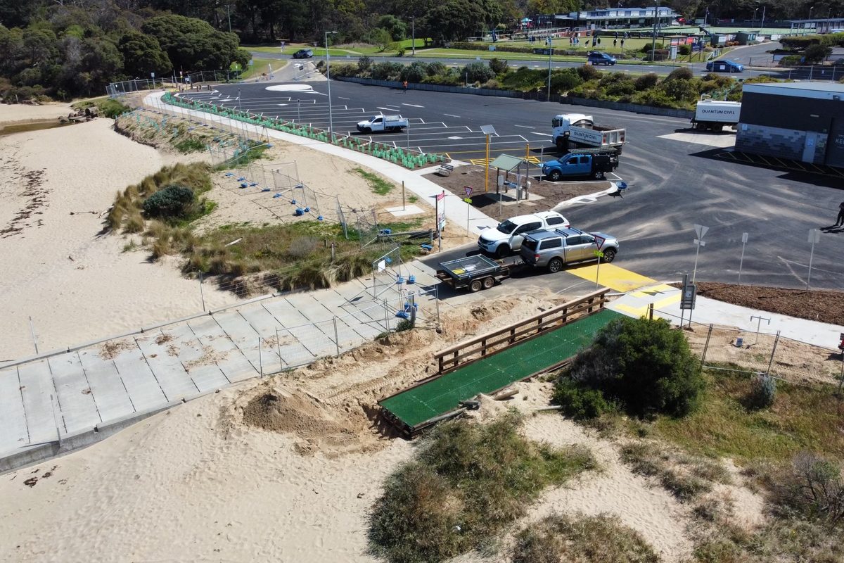 Aerial view of a timber beach access ramp built by JFM in Torquay