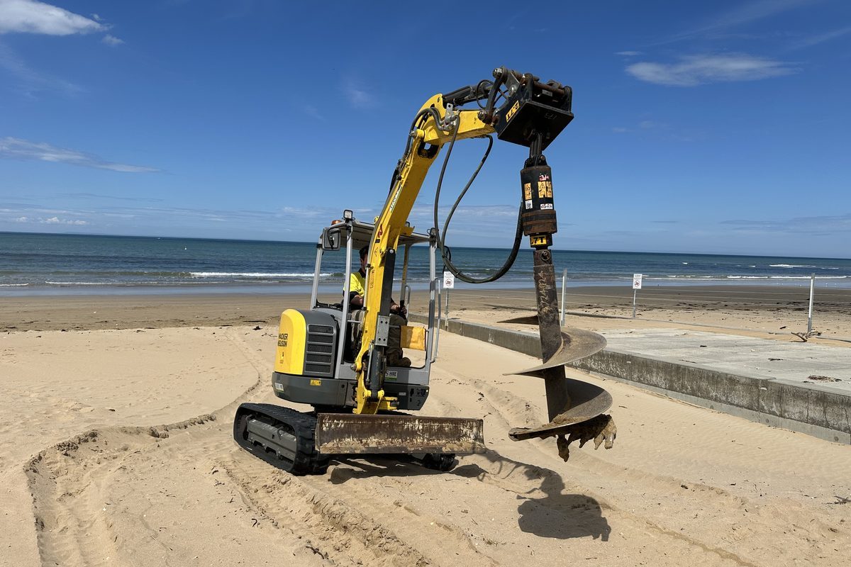 Footings being drilled on the beach for the Torquay ramp
