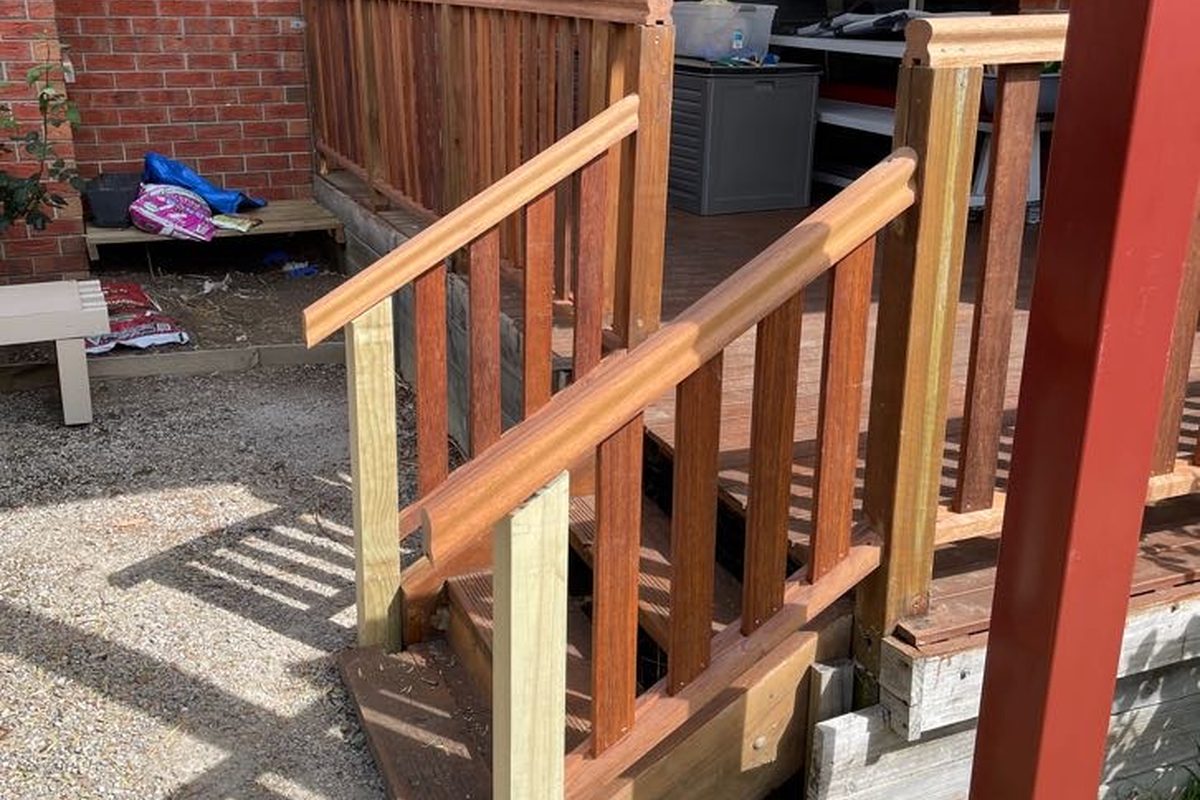 New merbau balustrade and stair rail on the same Highton deck, built by JFM