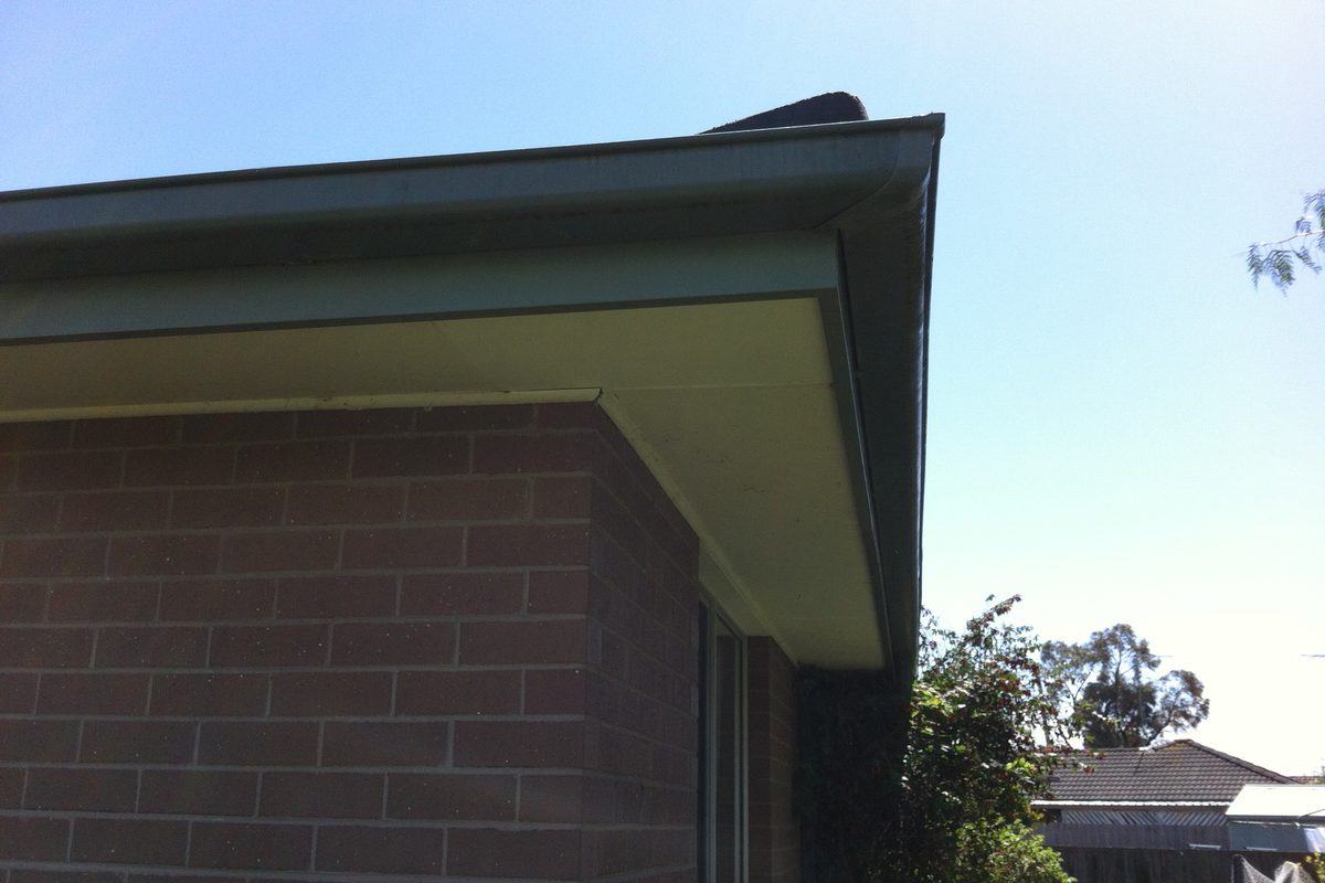 New fascia and eave lining finished and painted on the corner of a brick home
