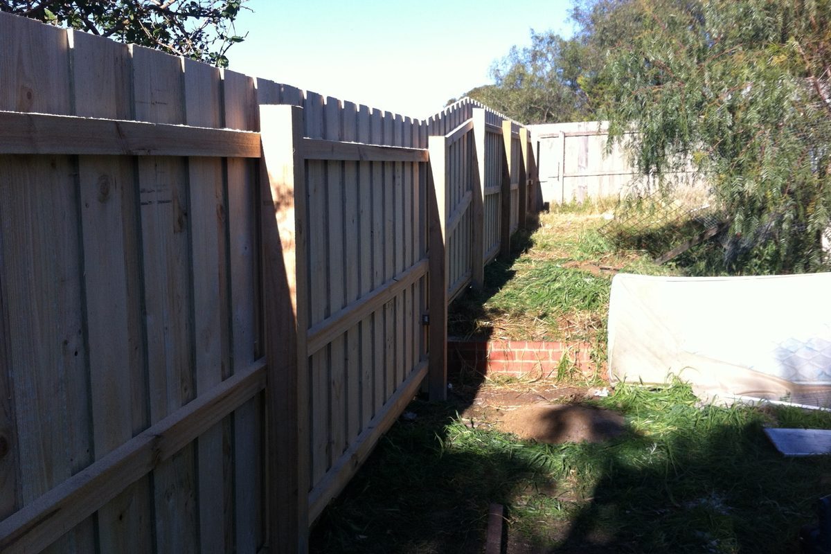 Lapped paling fence with exposed posts along a back boundary