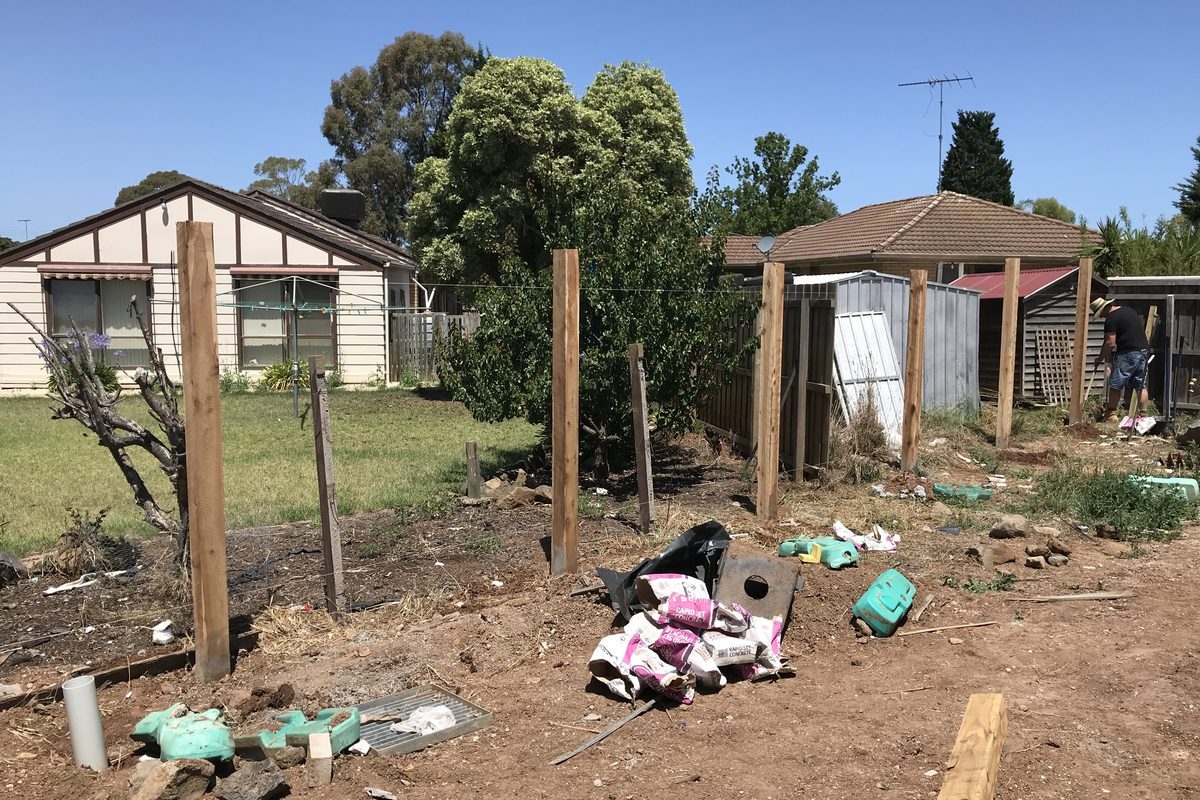 New fence posts concreted in along the old fence line