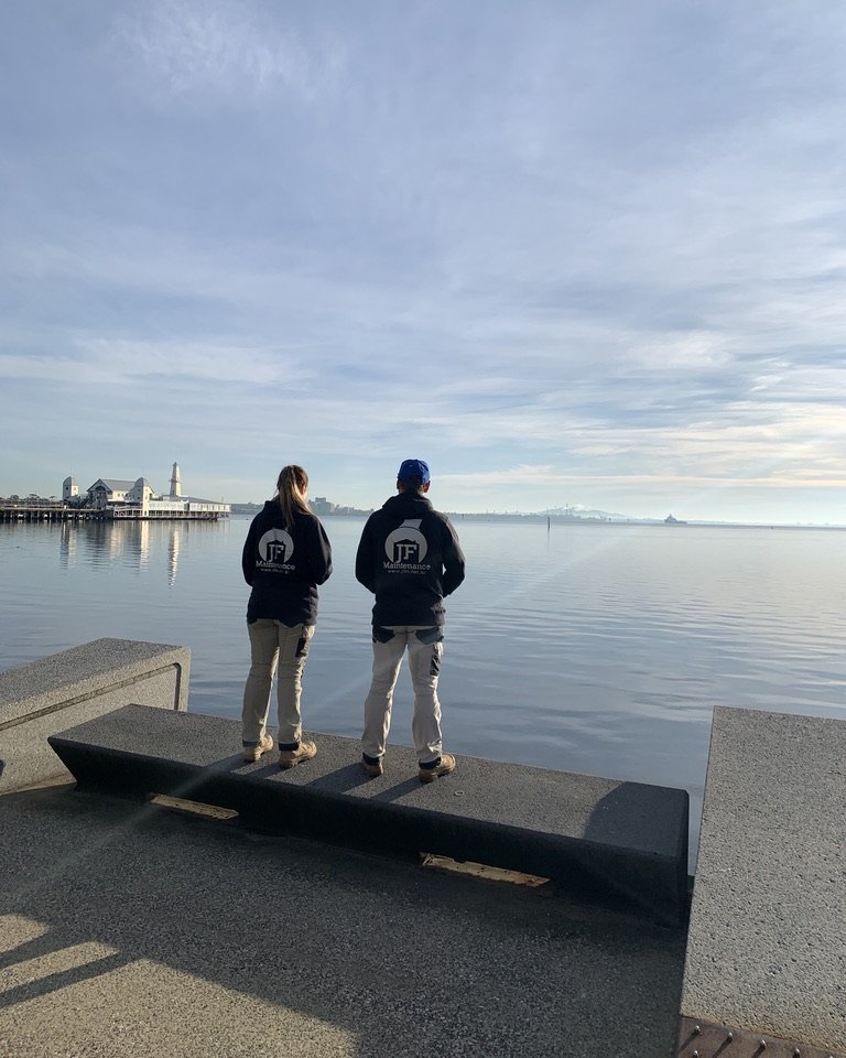 Michael and Abbey Jochum of JFM on the Geelong waterfront, Cunningham Pier behind