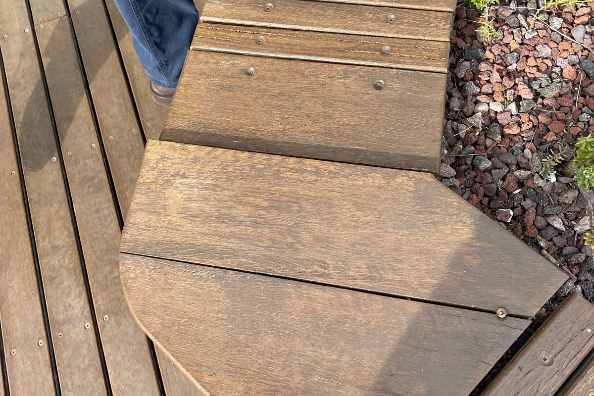 Detail of rebuilt timber seating boards and corner